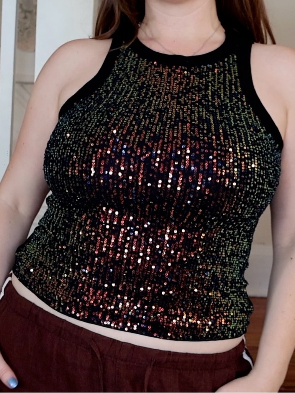 Oil Spill Sequin Tank Top - Black Multicolor - size Medium